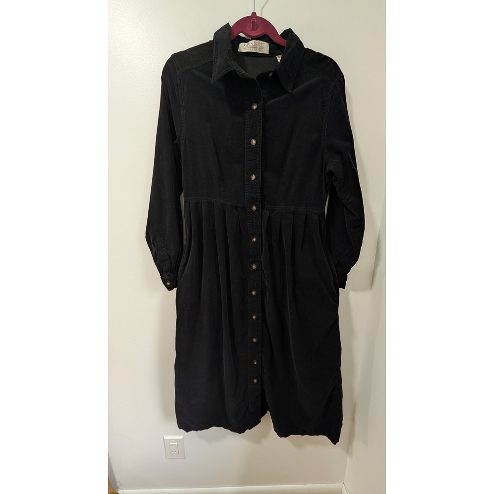 Vintage Karen Scott Black Corduroy Dress Cotton Button Front Midi Pocket modest